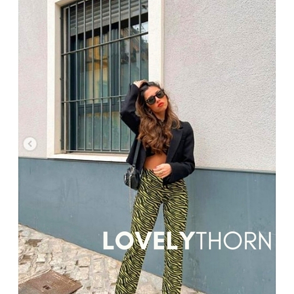 ZARA // retro-chic green blue velvet high waist straight slight flare pants - Picture 15 of 16